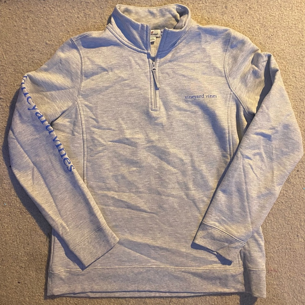 Vineyard Vines half zip sweatshirt, grey with blue and pink letters, size medium
